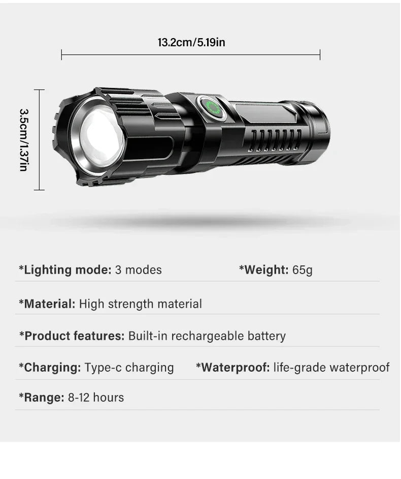 High Strong Power Led Flashlights 2000LM Tactical USB Charging Camping Emergency Fishing Zoom Lantern Torch with Display Light