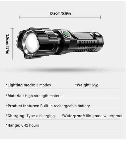 High Strong Power Led Flashlights 2000LM Tactical USB Charging Camping Emergency Fishing Zoom Lantern Torch with Display Light