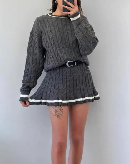 Two Piece Set Women Outfit Spring Autumn New Round Neck Twists Knitted Sweater & High Waist Ruffles Hem Mini Skirt Set