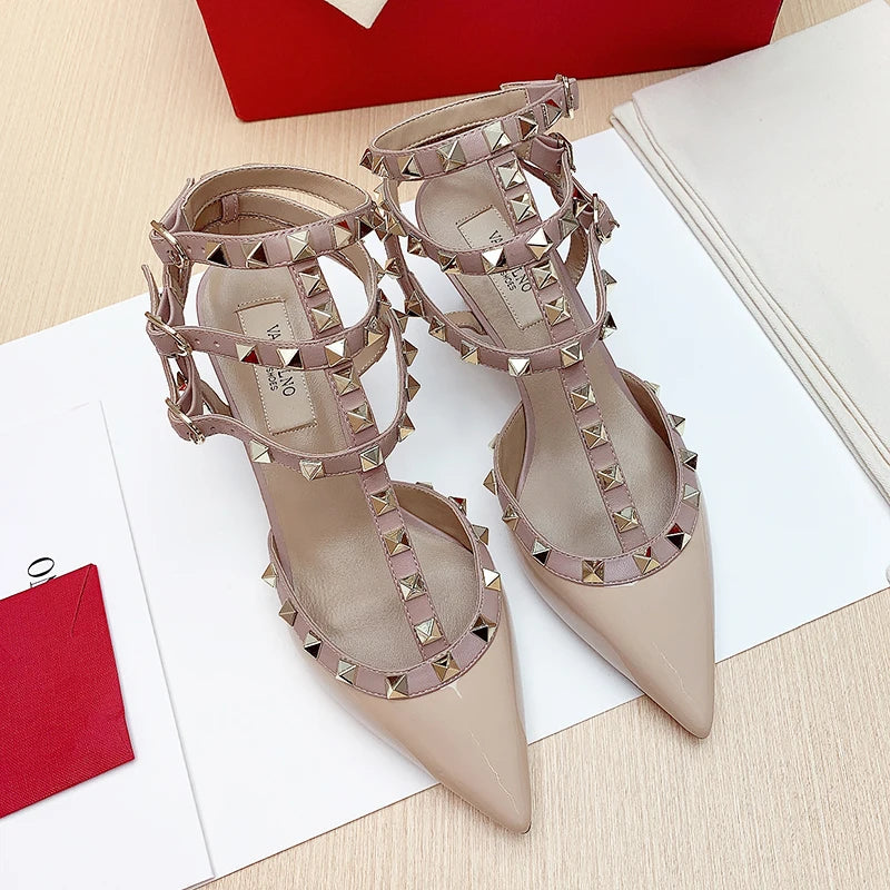 Women's Gladiator sandals Summer Black luxury Woman shoes Rivet High-heeled Three Straps Ankle Fashion Designer Ladies Shoes
