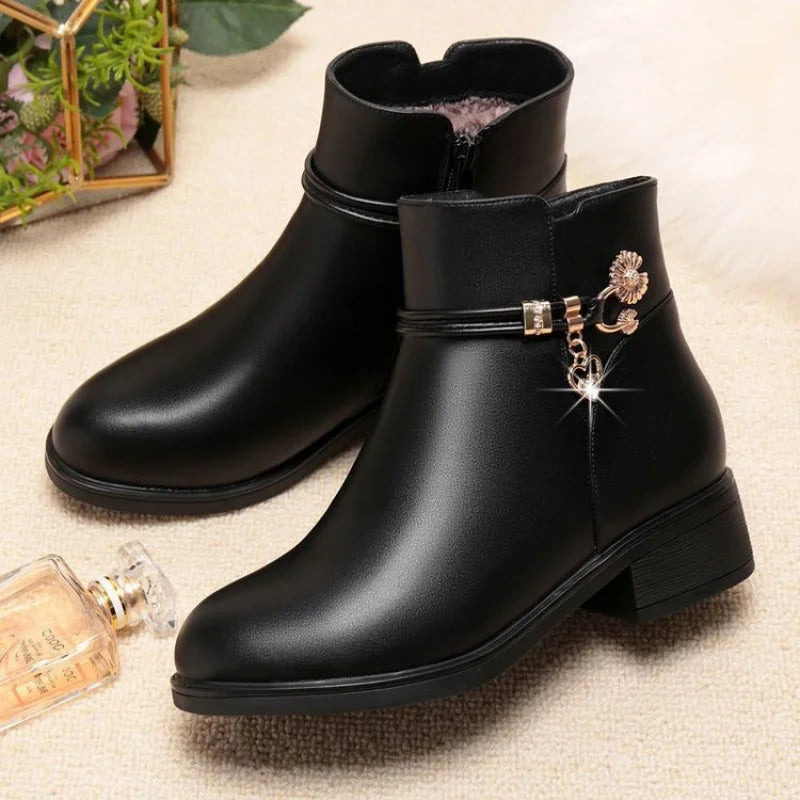 Winter Soft Leather Furry Short Boots for Women - Chunky Heel Warm Cotton Shoes, Flat Black Leather Mom Shoes