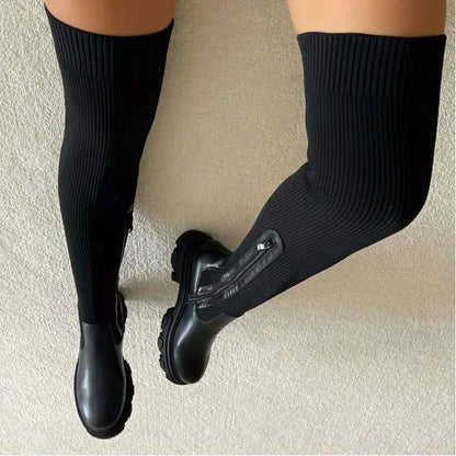 Women Thick Sole Boots Autumn Winter Breathable Knitting Sock Ladies Thigh High Boots Stretch Round Toe Shoes Plus Size 43