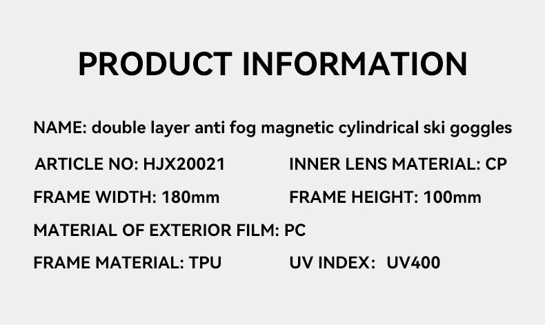 VECTOR Brand Double Layer Anti Fog Magnetic Absorption Cylindrical Ski Goggles UV400 Men Women Ski Glasses Snowboard poc glasses