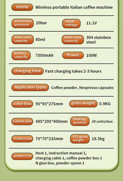 Wireless Electric Espresso Coffee Machine for Car & Home Camping Portable Coffee Maker 2-in-1 Capsule Powder Travel Coffee Maker