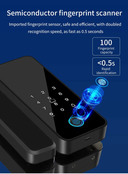 Tuya APP Glass Door Fingerprint Lock Bluetooth Smart Biometric Electronic Office Glass Door Lock 13.56Mhz RFID IC Keyless Unlock