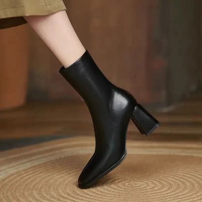 Leather Square Toe Heeled Booties Fleece-Lined Women's Ankle Boots Autumn Winter Female Short Shoes Trend 2025 on Offer Footwear