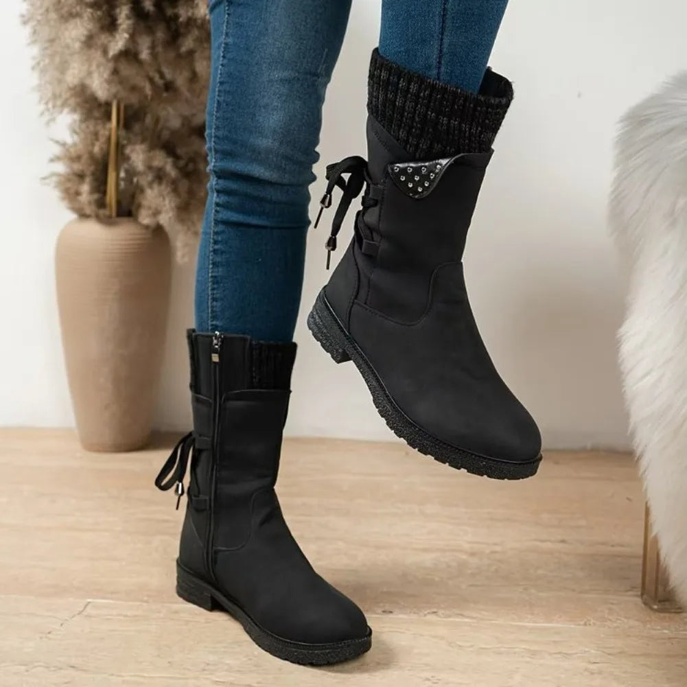 New Women Boots Autumn Winter New Knee High Shoes Large Tube Thick Heel Shoes for Women Strap Pleated Vintage Ankle Boots