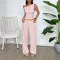 Two Piece Set Women Outfit  Summer New Solid Color Slanted Collar Tank Top & High Waist Casual Wide Leg Long Pants Set