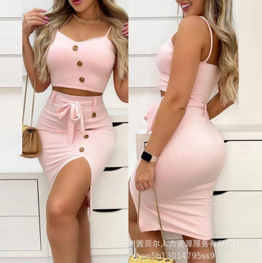 Two Piece Set Women Outfit Summer Fashion Button Decor Spaghetti Strap Crop Cami Top & High Waist Split Midi Skirt Set