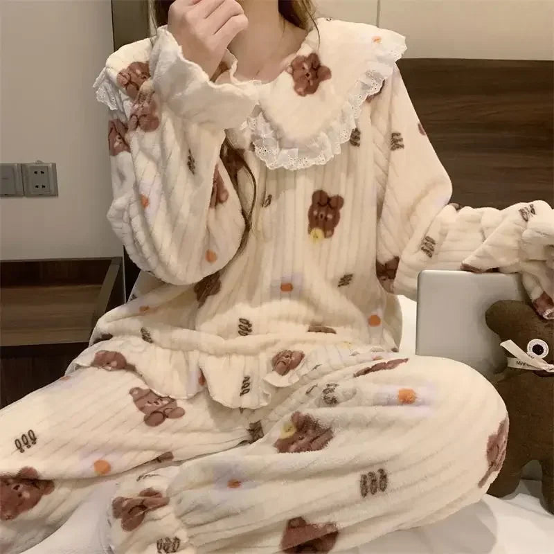 Ruffles Pajamas for Women Autumn Winter Peter Pan Collar Ruffle Sleeve Pajama Top and Elastice Waist Pants 2 Pcs Pajama Sets