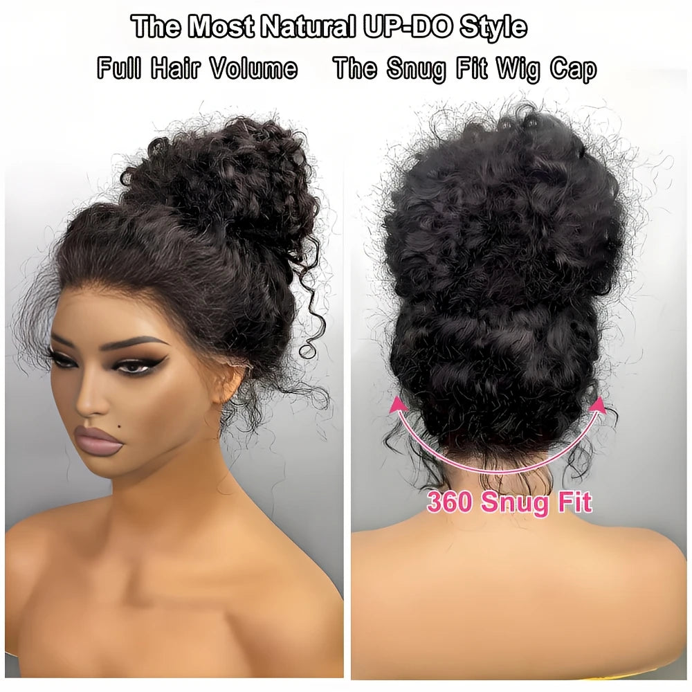30-36 Inch 360 Full Invisi Strap Drawstring Sung Hd Lace 250 Density Water Kinky Curly Deep Human Hair Wig Black Glueless