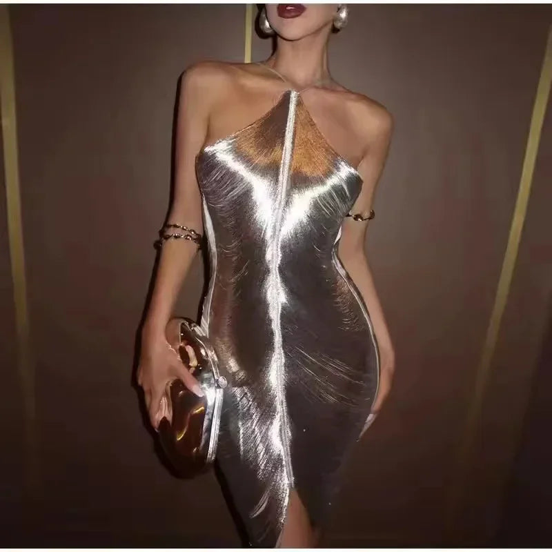 Fringe V-neck Mini Dress Halterneck Vestidos Women Elegant Cut Out Short Dress Fashion Patchwork Asymmetric Tassel Decor Dresses