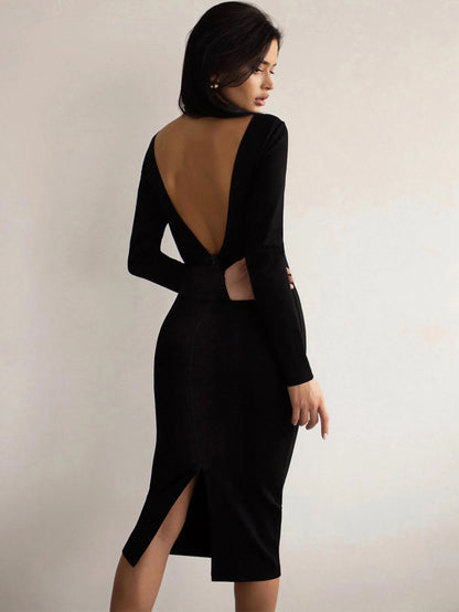 Women's Fashion Spring Summer Sexy Elegant White Long Sleeve Midi Backless Bodycon Bandage Dress Party Cocktail Evening Dress