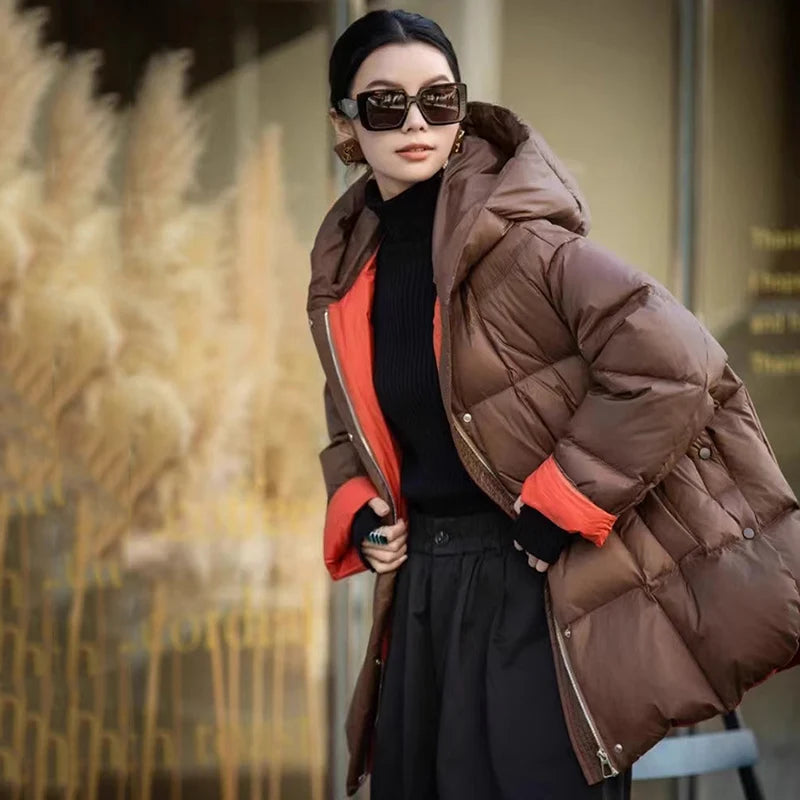 Schinteon Women Down Jacket Casual Loose Over Size Warm Autumn Winter Outwear White Duck Down with Hood Fashion Coat 2024 New