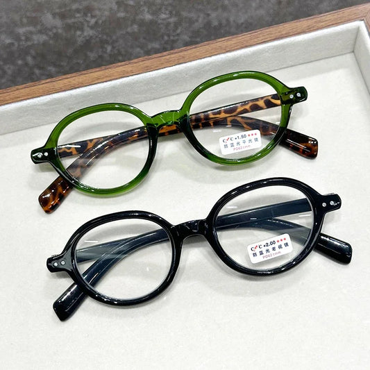 Retro Small Frame Presbyopia Glasses Oval Frame Green Tortoiseshell Reading Glasses Blue Light Blocking Eye Protection Eyewear