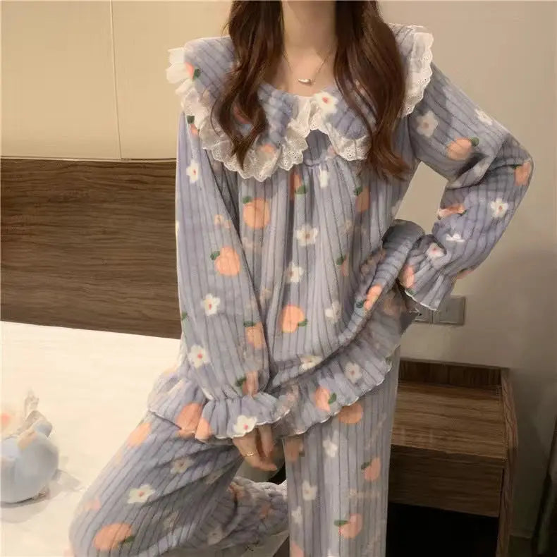 Ruffles Pajamas for Women Autumn Winter Peter Pan Collar Ruffle Sleeve Pajama Top and Elastice Waist Pants 2 Pcs Pajama Sets