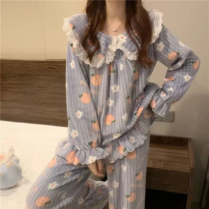 Ruffles Pajamas for Women Autumn Winter Peter Pan Collar Ruffle Sleeve Pajama Top and Elastice Waist Pants 2 Pcs Pajama Sets