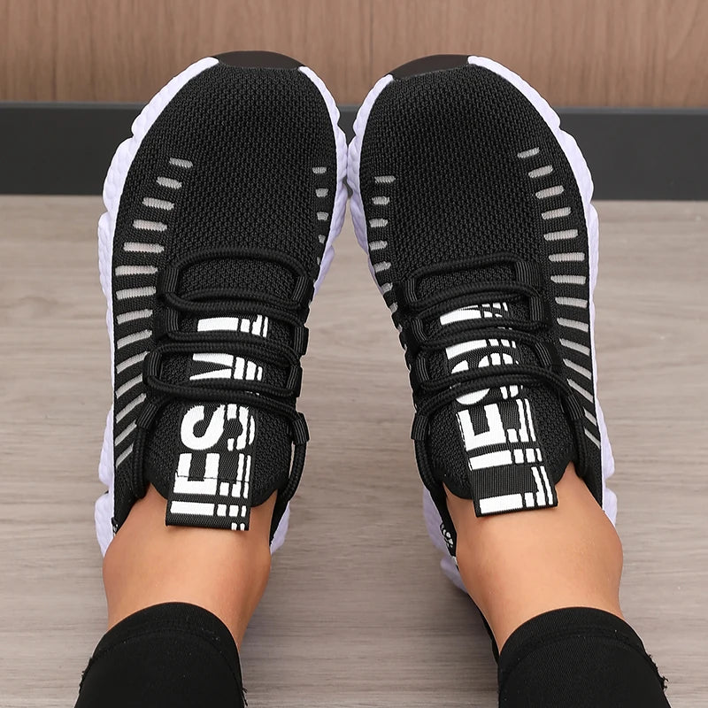 Women's Sneakers Knitted Mesh Breathable Fashionable Lightweight Soft Lace Up Shoes Flexible Trendy Exercise Walking Flat Shoes