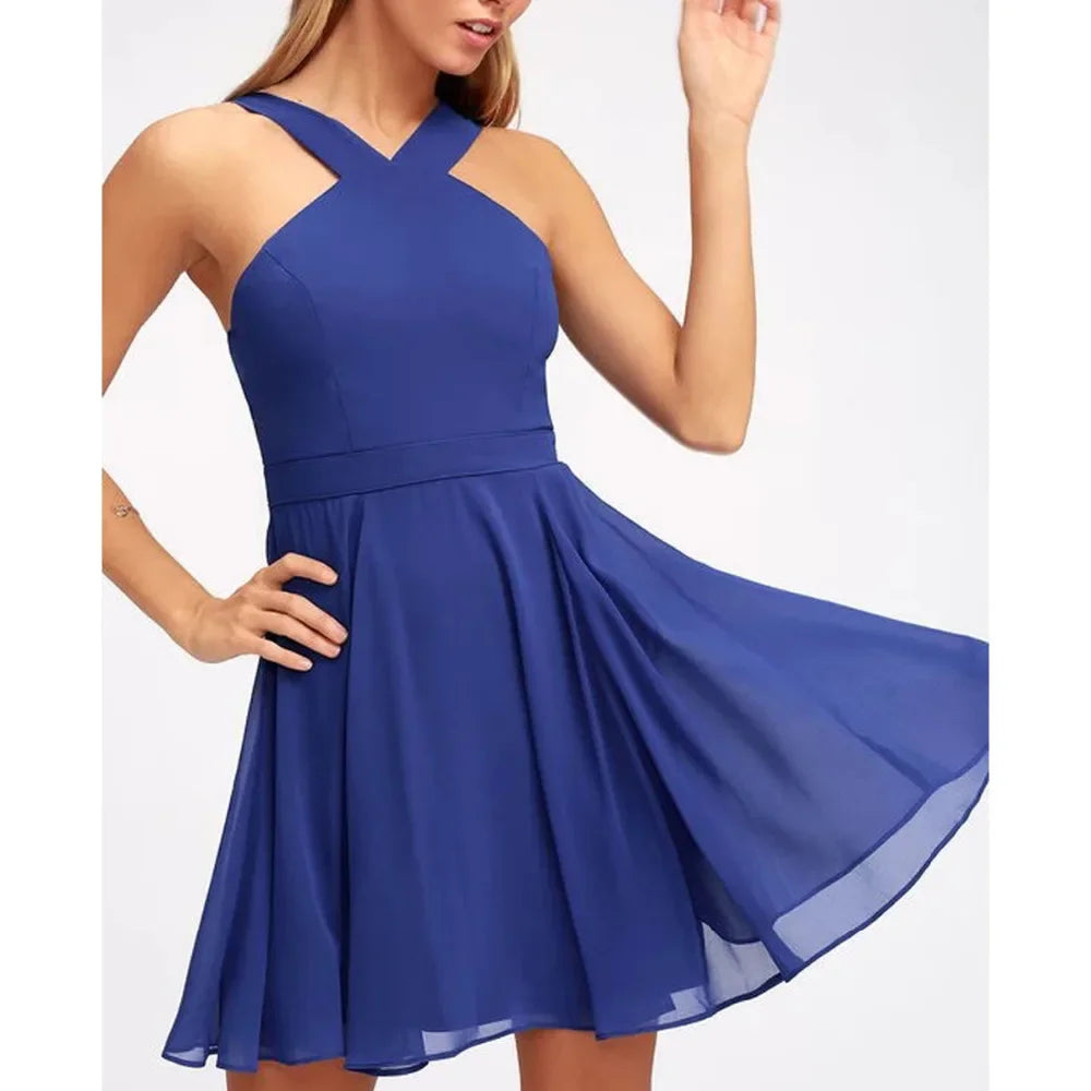Women Sleeveless Backless Sexy Club Mini Dress 2024 Summer Party Strappy Back Zipper Solid Shift Halter Short Dresses