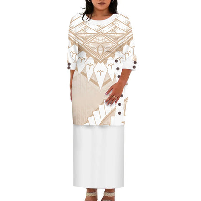 Hawaii Style Design Big Size Ladies Long Dress Custom Polynesian Puletasi Ptaha Dress O Neck Prom Clothes 2 Piece Outfits Sets