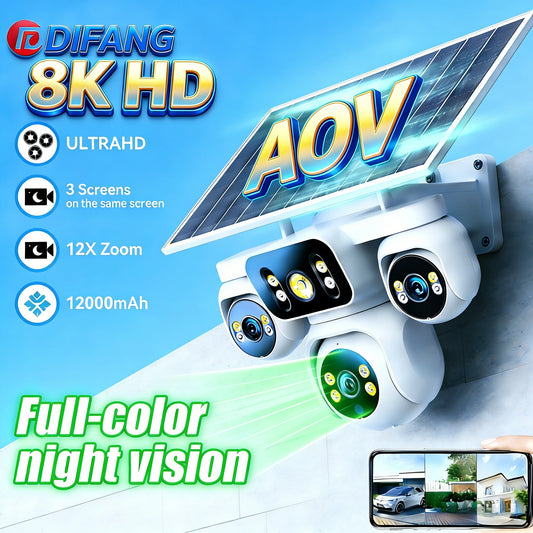 8K 15MP Triple Screen Solar Security Camera 4G LTE Wireless Solar Surveillance Cam 12X Zoom 12000mAh Security Protection CCTV