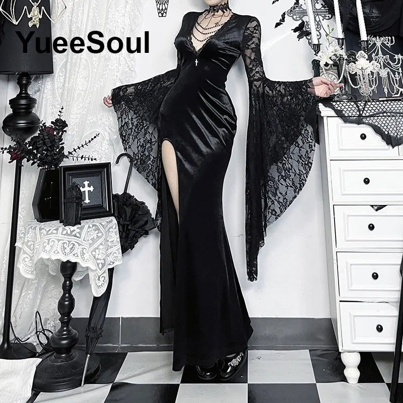 Halloween Gothic Grunge Punk Women Dress Long Sleeve Lace Slim Black Dresses 2025 New Y2K Harajuku Lolita Fairy Core Party Dress