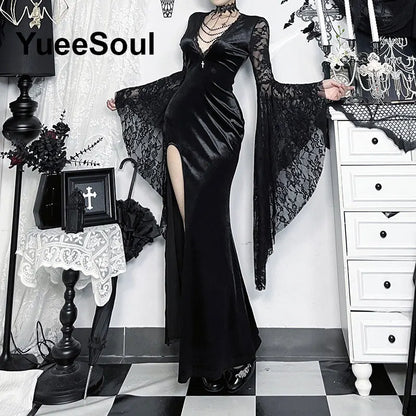 Halloween Gothic Grunge Punk Women Dress Long Sleeve Lace Slim Black Dresses 2025 New Y2K Harajuku Lolita Fairy Core Party Dress