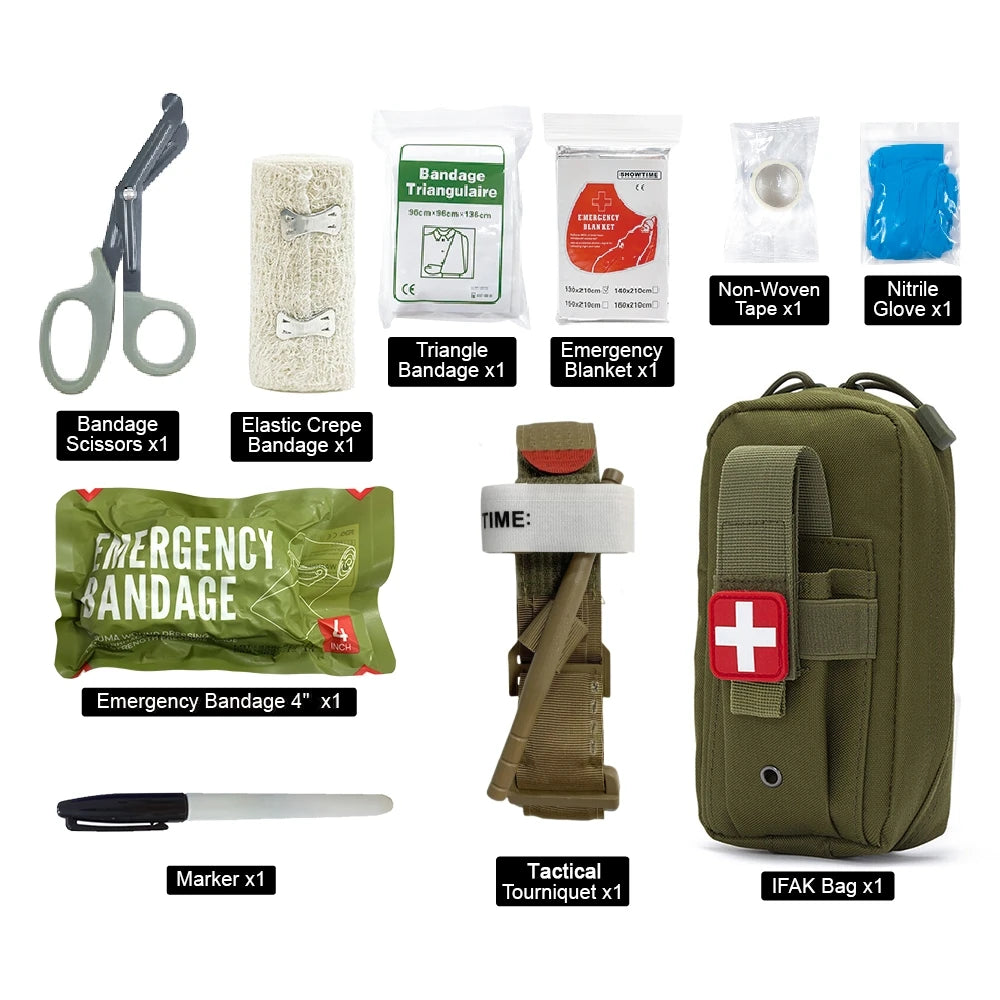 50611s 10pcs IFAK Tactical Molle Pouch Survival First Aid Kit for Emergency Rescue Outdoor Camping Hiking Sports Portable