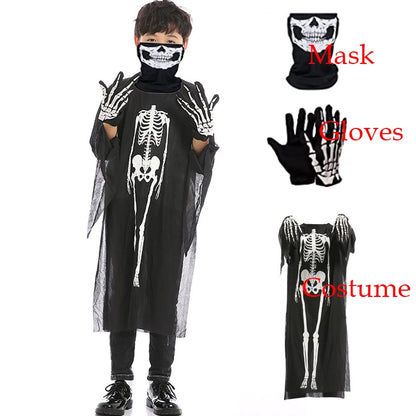 Halloween Scary Skeleton Ghost Cosplay Costume Masks Gloves Costume Suit Masquerade Carnival Horror Clothes for Adults Kids