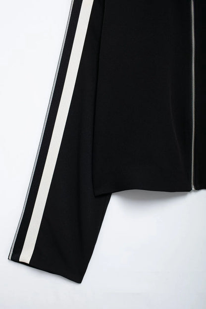 TRAFZA 2024 New Women Casual Black Trousers Suits Sports Short Jacket + Female Vinatge Black White Patchwork Baggy Pants Street