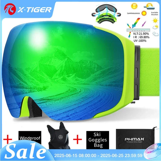 PHMAX Magnetic Ski Goggles UV400 Skiing Eyewear Anti-fog Lens Women Men Winter Outdoor Sports Mountain Snowboard Big Snow Goggle