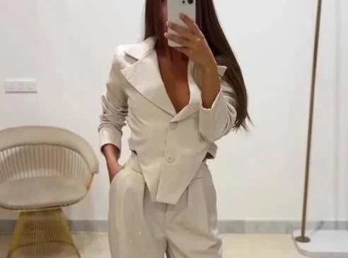 Two Piece Set Women Outfit  Spring Temperament Commuting Irregular Hem Notched Collar Blazer Top & High Waist Pants Set