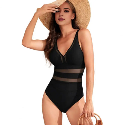 Hollow Mesh Splicing Monokini Swimsuit Stylish Women's Mesh Splicing One-piece Swimsuit Tummy Control V-neck Monokinis Beachwear