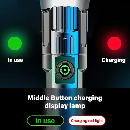 High Strong Power Led Flashlights 2000LM Tactical USB Charging Camping Emergency Fishing Zoom Lantern Torch with Display Light