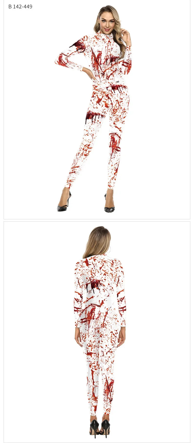Women's Halloween Horror Role Bloodstained Jumpsuit Scary Cosplay Costume Bodysuit Uniform for Party