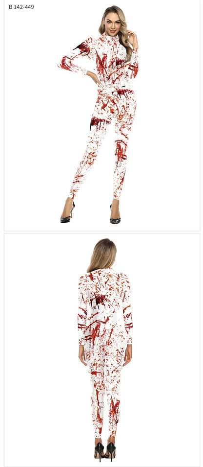 Women's Halloween Horror Role Bloodstained Jumpsuit Scary Cosplay Costume Bodysuit Uniform for Party