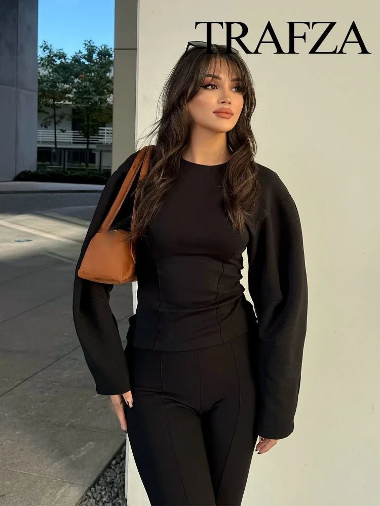 TRAFZA Women New Fashion Slimming 2-Piece Set Double-Sided Fabric O-Neck Long-Sleeve Top+Elegant Stretch Long Pants Female Suit