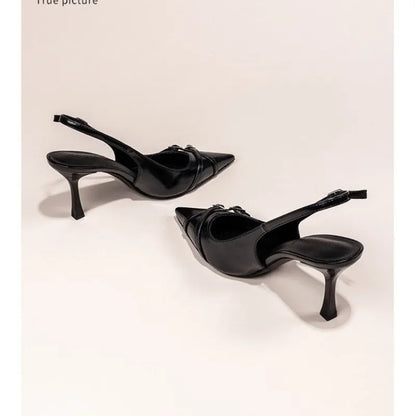 Fashionable Pointed Toe Shallow Mouth New High-heeled Shoes Summer Elegant Buckle Decorated Stiletto Black Women's Shoes NO:602