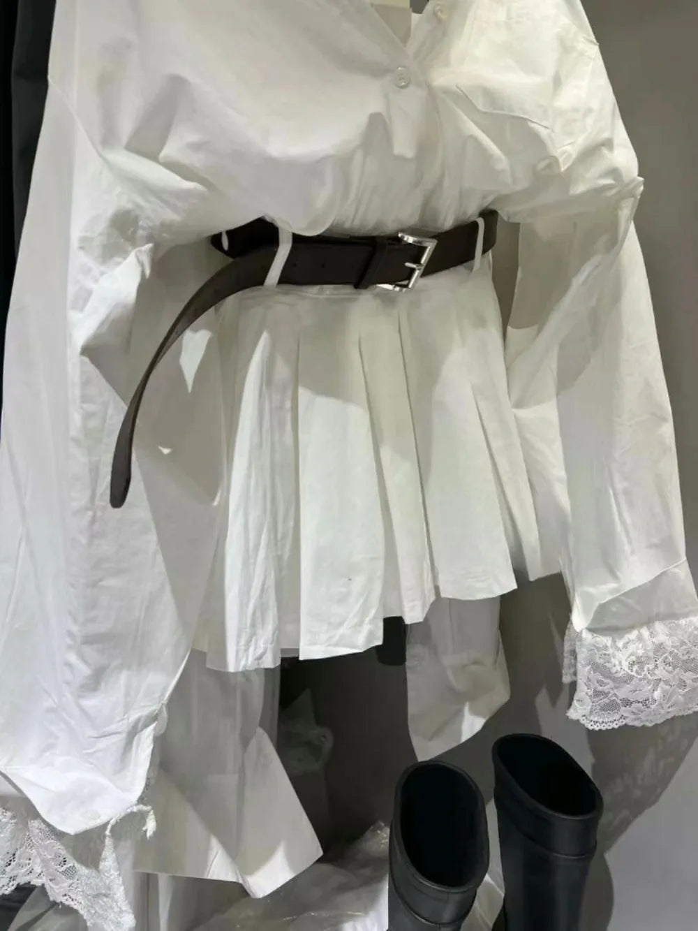 Neploe Literary A-line Simple Casual Office Lady Shirt Dress Pleated Korea New Moda Elegant Lace Robe Pure Desire Minority Mujer