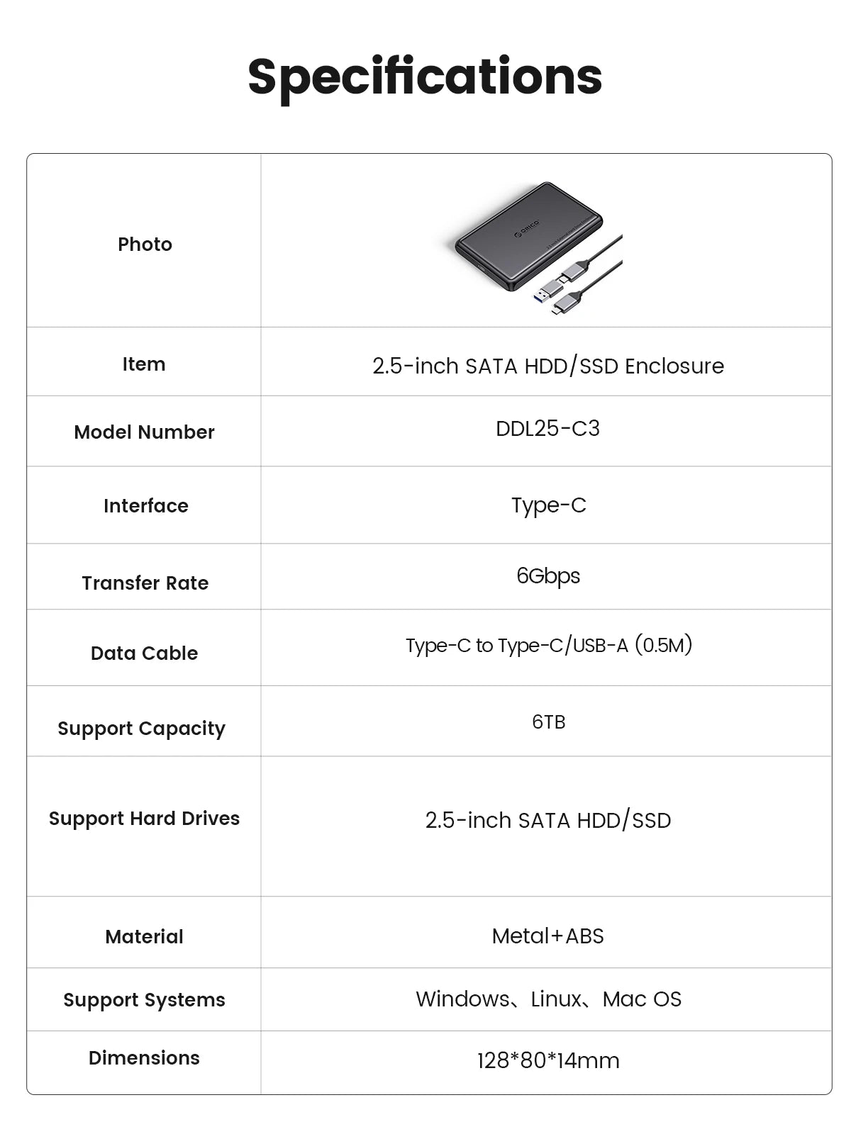 ORICO 2.5 Inch External HDD Case 5Gbps SATA to Type-C Hard Drive Enclosure for SSD HDD PC Laptop Metal+ABS Case Heat Dissipation