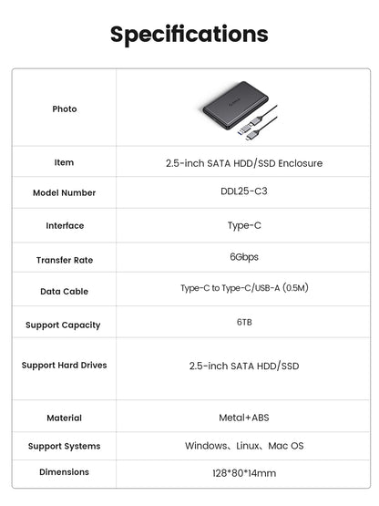 ORICO 2.5 Inch External HDD Case 5Gbps SATA to Type-C Hard Drive Enclosure for SSD HDD PC Laptop Metal+ABS Case Heat Dissipation