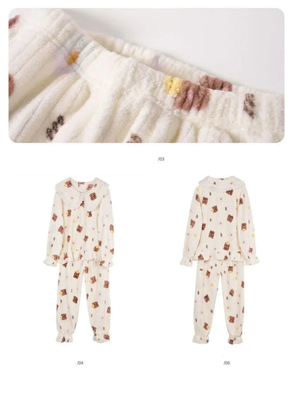 Ruffles Pajamas for Women Autumn Winter Peter Pan Collar Ruffle Sleeve Pajama Top and Elastice Waist Pants 2 Pcs Pajama Sets