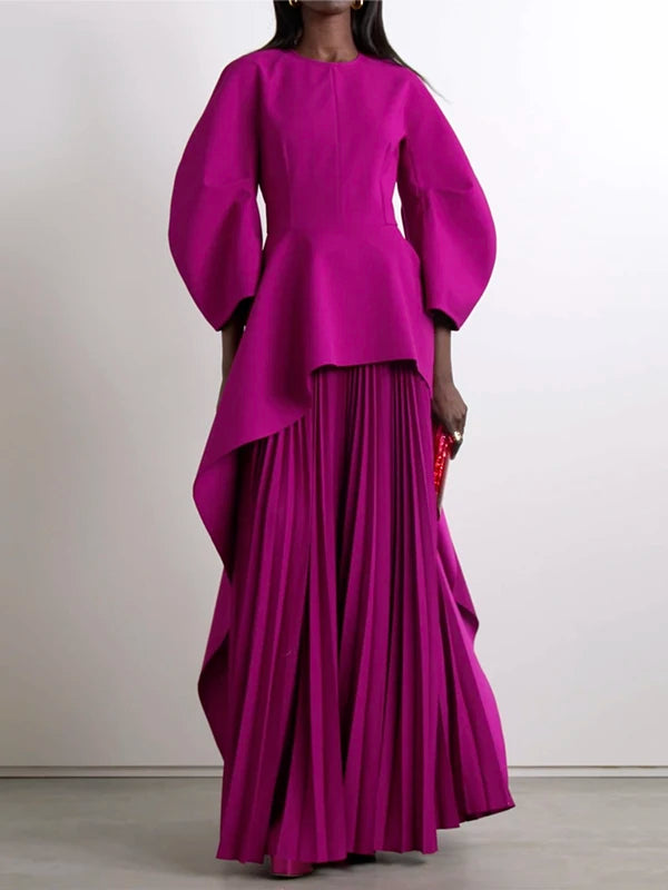 Yeezzi Elegant Solid Color Split-Joint Tiered Pleated Cocktail Dress Long Sleeves O-Neck Party Banquet Maxi Dresses 2025 New