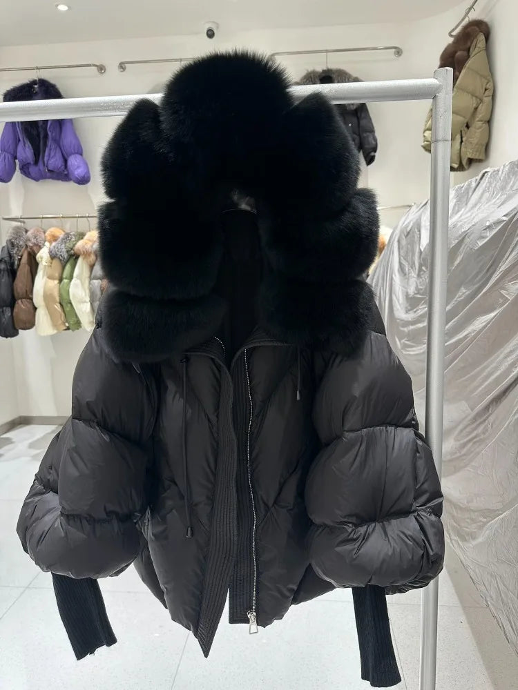 OFTBUY 2025 New Winter Large Real Fur Hooded Puffer Jacket Women Thicken Warm Knitted Sleeve Coat White Duck Down Mid Long Parka