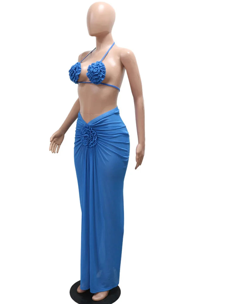 Beyprern Women's Royal Blue 3D Flower Bikini Set 3 Pieces Outfits Summer Sheer Mesh Blossmed Ruched Dress Cover-Up Set Swimsuits