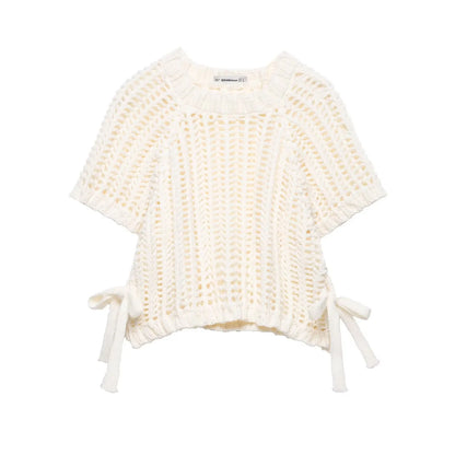 EDSA Women Chunky Knit Top with Side Straps O-Neck Short Sleeves Hollow Out Cropped Sweater Pullover for Casual Female
