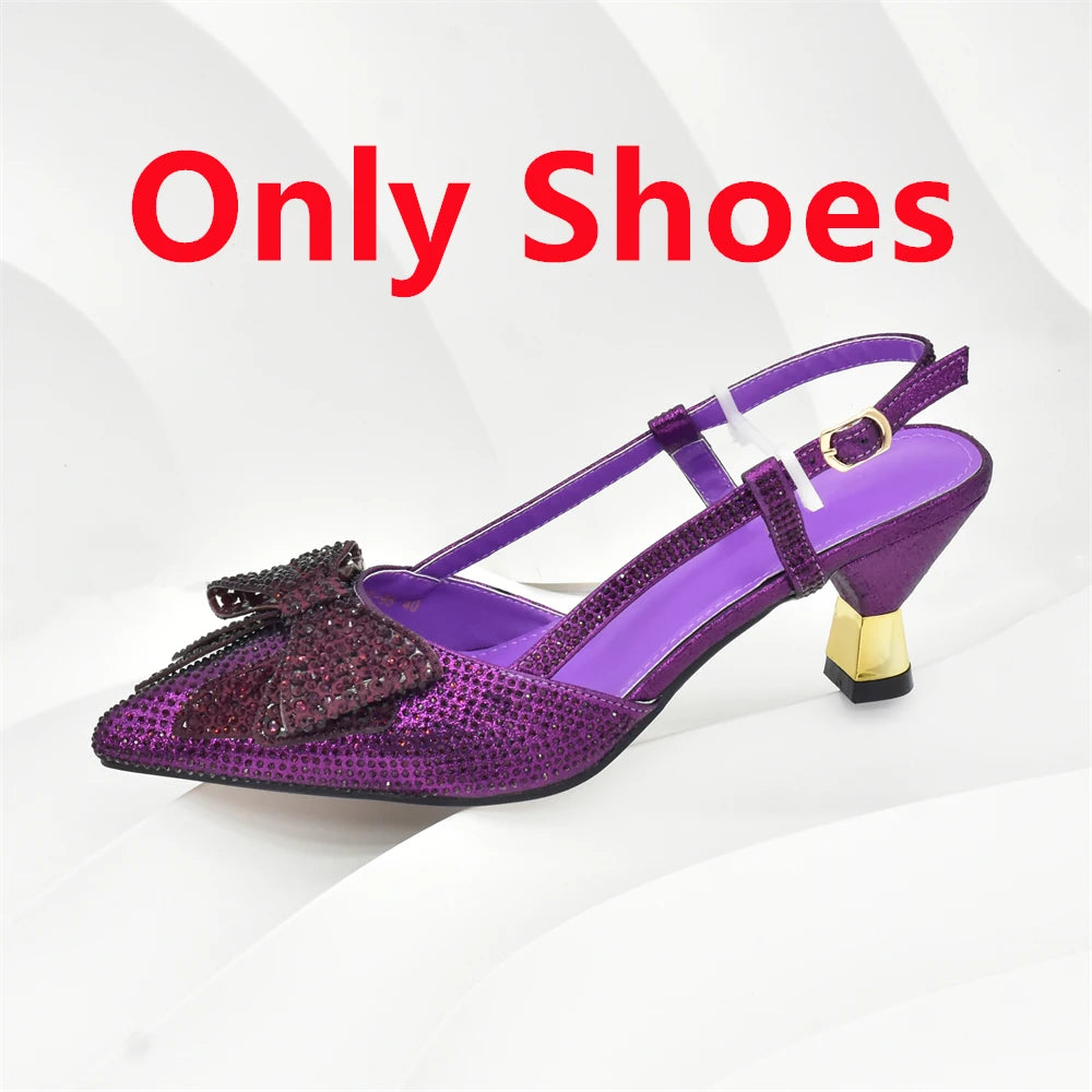 2025 Fashiona Banquet Exquisite Party Top Luxury Pointed Toe Bowtie Bright Diamond Summer Women's High Heels Shoes and Bags Set