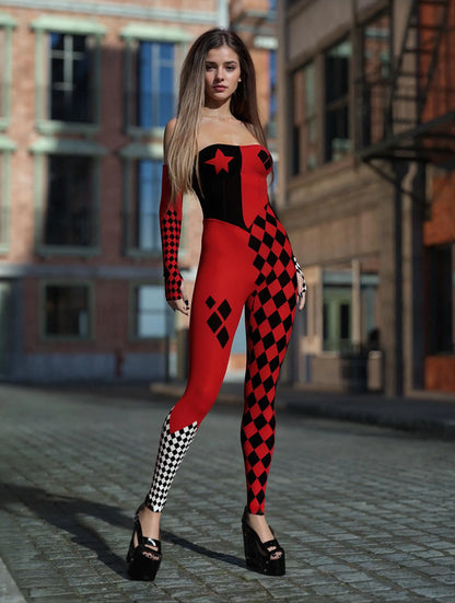 [You're My Secret] Halloween Cosplay Harley Q Clown Costume Sexy Jumpsuit for Women Bodysuit Masquerade Disguise Zentai Outfit