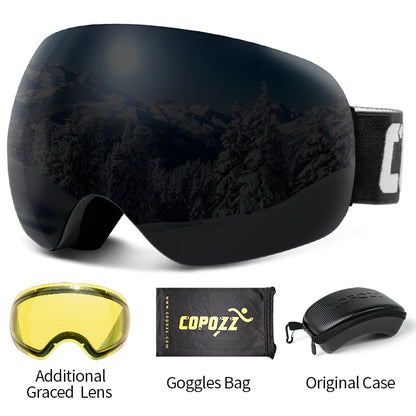 Frameless Anti-Fog Ski Goggles Night Lens Box Set 100% UV400 Protection Ski Snowboard Anti-Slip Strap Snow Goggles for Men Women