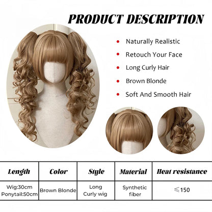 Synthetic Short Lolita Cosplay Christmas Halloween Bob Brown Blonde LM Wig With Long Curly Ponytail Natural Fake Hair for Women